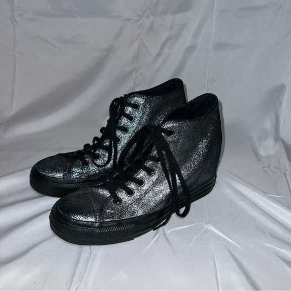 Converse Hidden Heel Wedge Shoe Sneaker Womens Size 8 Black Silver - Picture 1 of 9